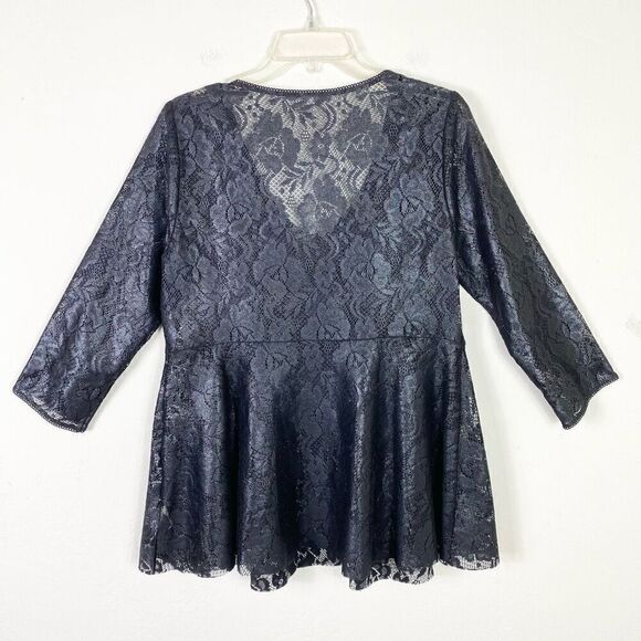 Free People Black Shimmer Sheer Floral Lace Henley Neck Flare Blouse Top Size L - Picture 4 of 7
